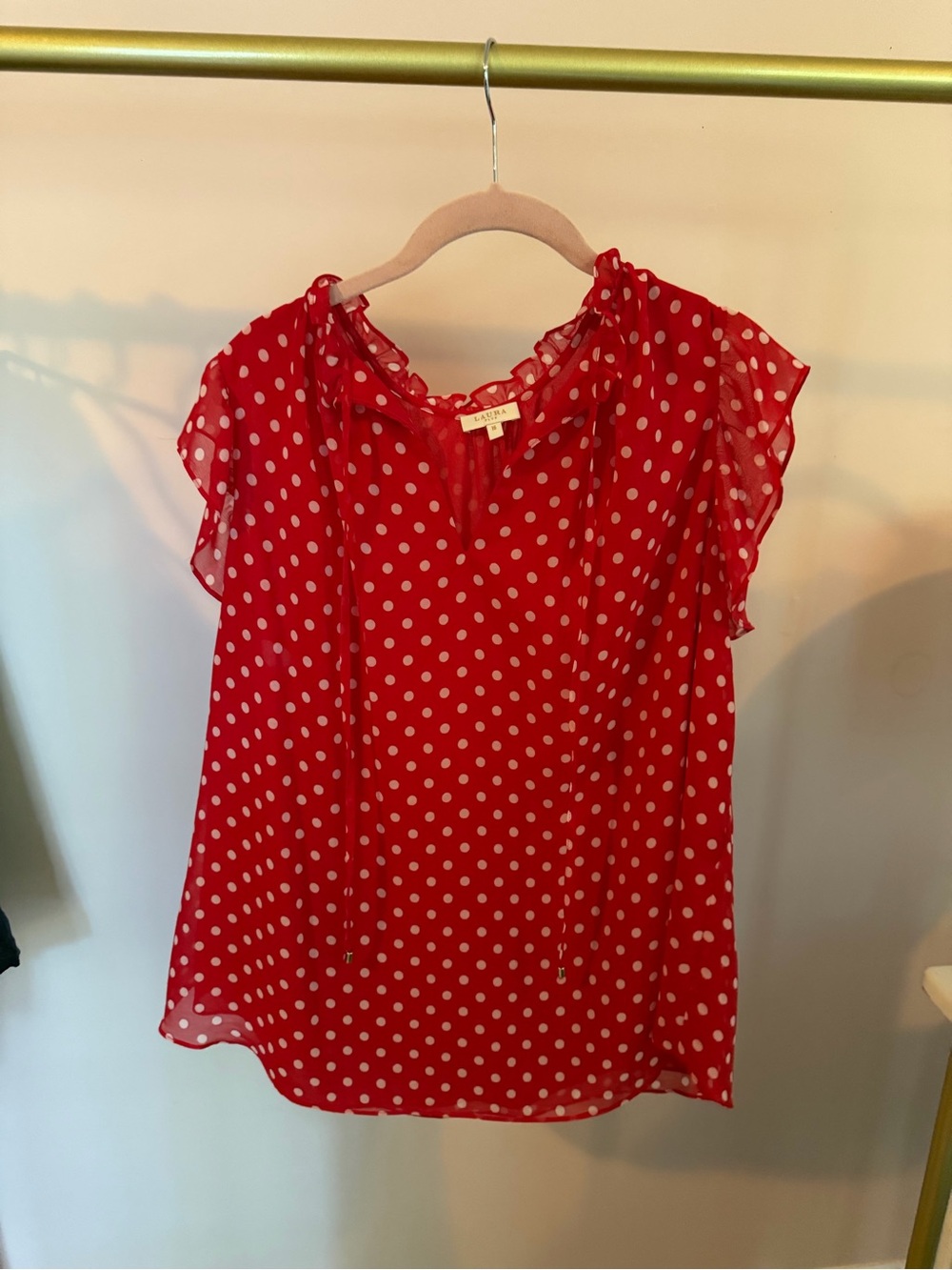 Laura Red Polka Dot Tie-Detail Blouse with Flutter Sleeves - Size 16 - Picture 4 of 6